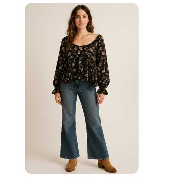 PAPERMOON Black Silky Floral Long Sleeve Peasant Blouse Size XL - Picture 1 of 9